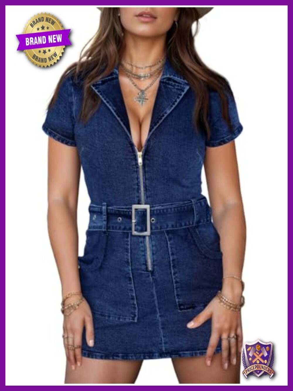 Womens Denim Bodycon Dress V-Neck Zip Belted Mini Club Night Out